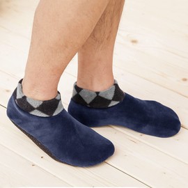 LYING Room Socks, Set of 2 Pairs, Room Shoes, Men's, Winter, Indoor Wear, Socks, Men's, Warm, Anti-Slip, Fleece Lined, Socks, For Sleep, Thick, Cold Protection, Floor Socks, Fluffy, Quiet, Lightweight, Home, Solid Color, black + navy