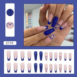 TOGZOM Ballerina Press-on Nails, Royal Blue, Medium Coffin, 24Pcs Set with Gold Glitter Design, Acrylic, Full Cover Glossy Glue on Nails for Women and Girls