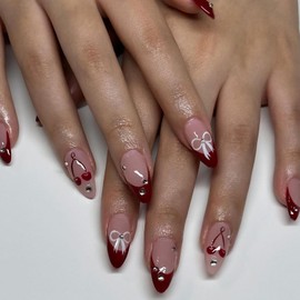 24Pcs Red French Tip Press on Nails Almond Medium Fake Nails with Sparkly Rhinestones Gems Designs Cherry Silver Bow Acrylic Nails Full Cover Glue on Nails for Women Manicure Accessories