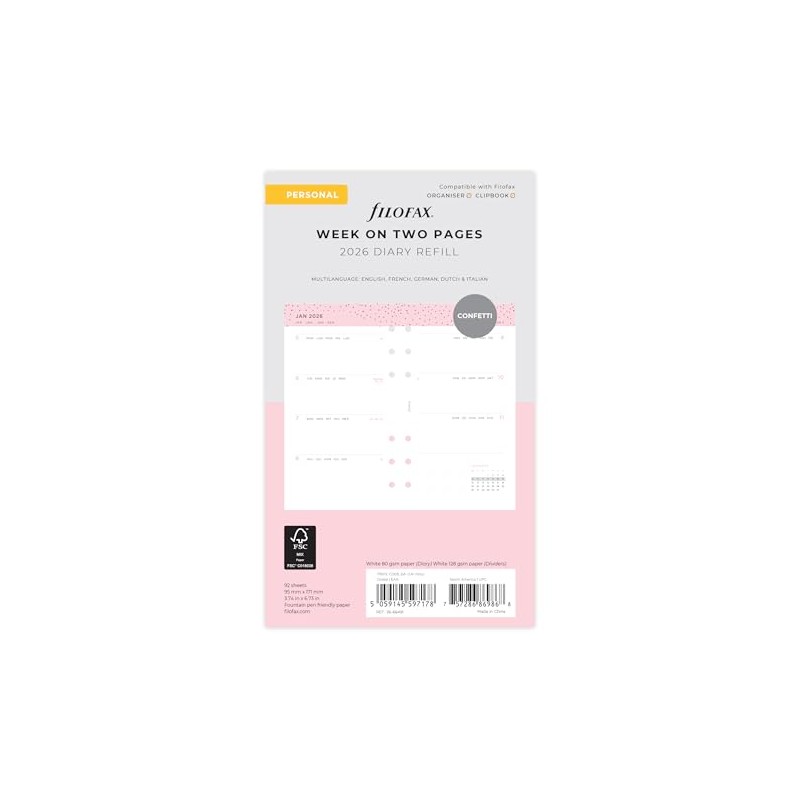Filofax Personal Confetti week to view 5 language 2026 diary