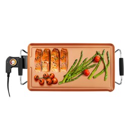 Holstein Housewares 16-Inch Electric Griddle, Healthy-Eco Non-stick Coating and Smokeless, Large Cooking Surface for Making Eggs, Chicken Chops and Ham, Multifunctional, Copper and Black Color