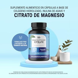 LIFE 360+ Suplemento de Citrato de Magnesio, Contenido de 270 Cápsulas | Cada porción aporta 2598 mg. Contiene inulina de agave y citrato de magnesio.