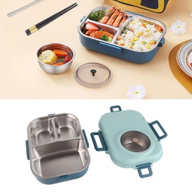 Thermal Lu Box 1100ml Doble Capa Diseño de 3 Rejillas 304 L Caja de Acero con Palillos Cuchara Tazón de Sopa Rosa para Uso Doméstico, Accesorio Multifuncional (BLUE)