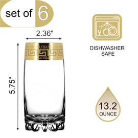 Joseph Sedgh Collection Greek Key Highball Glasses Set of 6-13 oz Tall Glasses. Ideal for Water, Mojitos, Mixed Drinks, Dishwasher Safe Premium European Grade Glassware