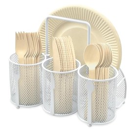 DysanVica Utensil Caddy Silverware Holder - 4 Compartment Metal Mesh Cutlery Fork Spoon Napkin Plate Organizer Flatware Storage Basket Party Kitchen Countertop Buffet Picnic Camping Outdoor BBQ White
