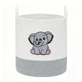 Goodheim Elephant Cotton Rope Laundry Basket for Nursery, Large 15"x17.7" Woven Hamper with Handles & Terry Embroidery, Blanket Baby Clothes & Toy Storage, Gray & White