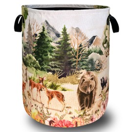 Watercolor Animals Laundry Hamper With Handles Foldable Oxford Cloth Animal Bear Deer Tote Bag Funny Laundry Basket Clothes Toy Storage Bucket Men Women Kids 18.9" x 16.5" For Bathroom/Laundry/Bedroom
