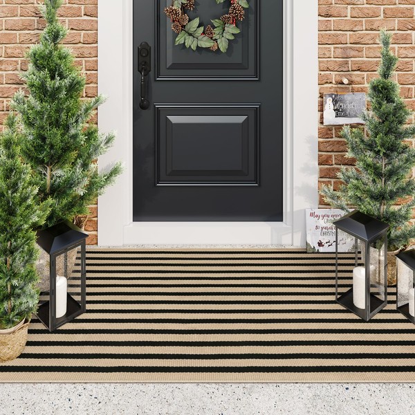Black and Tan Outdoor Rugs, 3x5 Stripe Front Porch Rugs