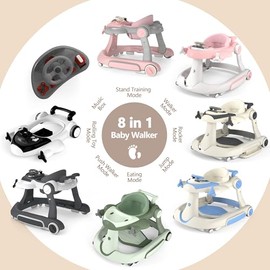 Kinder King 8-in-1 Baby Walker with Music & Lights, 3 Level Adjustable Height, Foldable Toddler Walker with Speed Adjustable Wheels, Easy to Clean, Baby Walkers for Boys & Girls 6-18 Months