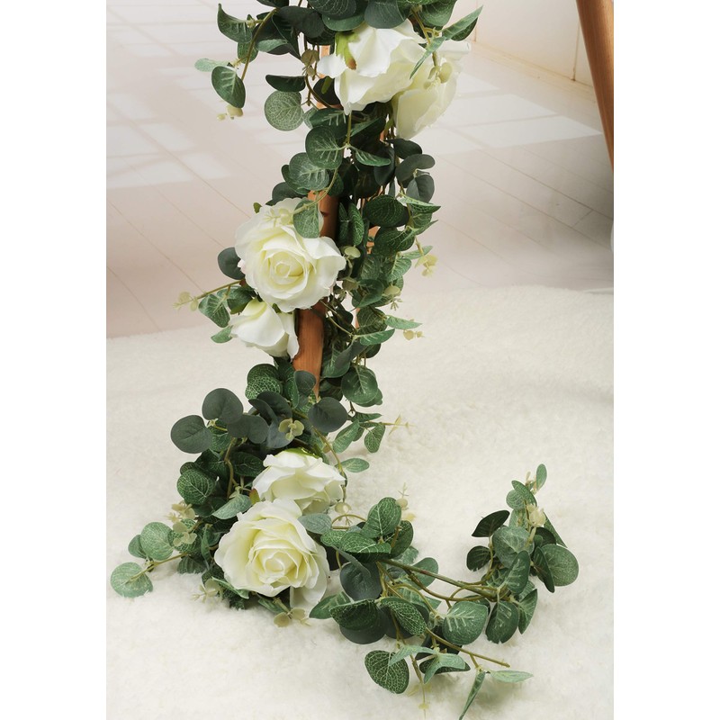 Famibay Artificial Eucalyptus Garland with Roses 1Pc 5.9Ft Greenery Garland