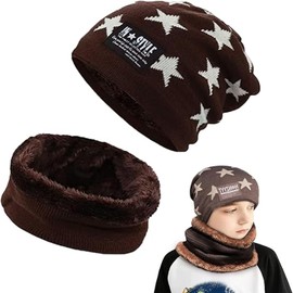 Amebleak Children's Winter Hat and Scarf Set, Winter Warm Beanie Hat, Unisex Knitted Hat with Fleece Lining Hat Scarf, Wool Knitted Hat and Loop Scarf for 6-14 Years Old Boys Girls, brown
