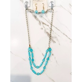 Marysol Accessories Double Line Bead Necklace & Earring Set Teal NEW
