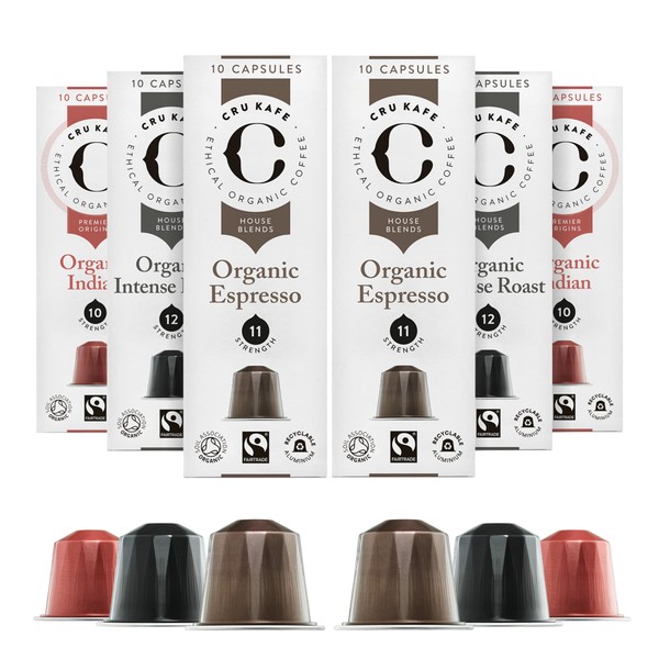CRU Kafe Organic Strong Box | Cápsulas de café compatibles con Nespresso | Paquete de selección de regalos variados - 60 cápsulas | Mezclas indias, intensas y expreso | Cápsulas de café orgánicas, de comercio justo y 100% reciclables