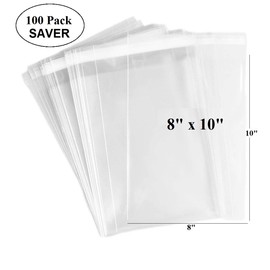 100 Pcs of Ultra Clear Resealable Cello/Cellophane Bags Great for Bakery, Candle, Soap, Cookie, Greeting Cards, and more by CuteBoxCo (8" x 10")