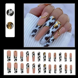 SPEVERT 24pcs Cow Print Press-on Nails with Gold Diamonds Extra Long Square Fake Nails for Women Nail Decoration