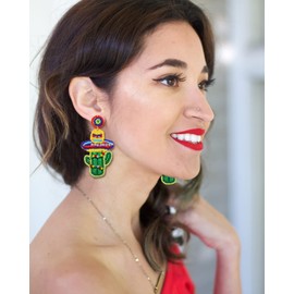 NLCAC Cinco De Mayo Earrings Beaded Sombrero Hat Pepper Taco Fiesta Dangle Earings Mexican Holiday Party Earrings (Sombrero Cactus)