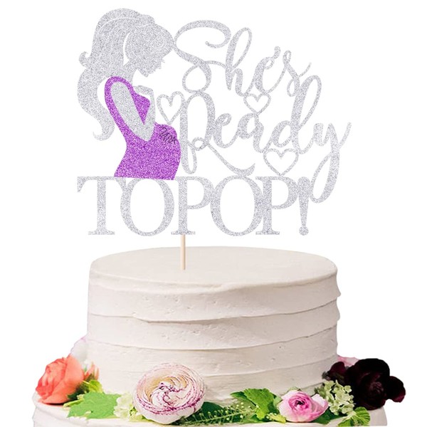 Sodasos Decoración para tartas con texto en inglés "She's Ready to Pop", baby shower, decoración para tartas de embarazo, decoración de fiesta de aniversario de boda. (morado)