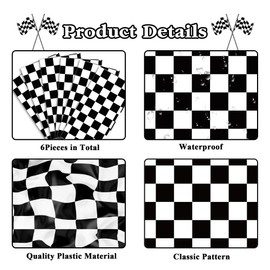 6 Pcs Plastic Race Car Table Runners - 14x108 Inch Black & White Checkered Table Runners Racetrack Road Table Cloths for Racing Theme Birthday Party, Disposable Waterproof Party Supplies