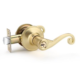 Bonpoly 1 Pack Gold Door Handle, Entry Door Handles with Keys in Satin Brass Finish, Keyed Alike Interior Door Levers for Living or Bedroom, Wave Style Lever for Right Hand