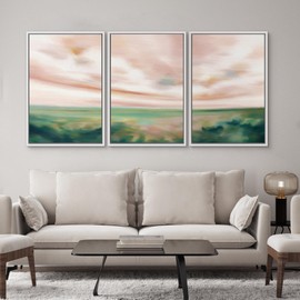 SIGNWIN Framed Canvas Print Wall Art Set Pastel Watercolor Pink Cloud Sky Green Countryside Hill Nature Wilderness Illustrations Modern Art Decorative Scenic Relax/Calm for Bedroom - 24"x36"x3 White