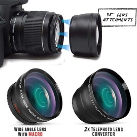 58mm Accessory Compatible with Canon Rebel T8i, T7, T7i, T6, T6i, T5, T5i SL2, SL3, EOS 70D, 77D, 80D 90D DSLR Camera Includes HD Wide Angle / 2.2X Telephoto Lens, Filters, Case, 72" Tripod