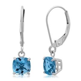 MAX + STONE 10k White Gold Cushion-Cut Checkerboard London Blue Topaz Leverback Earrings (6mm)