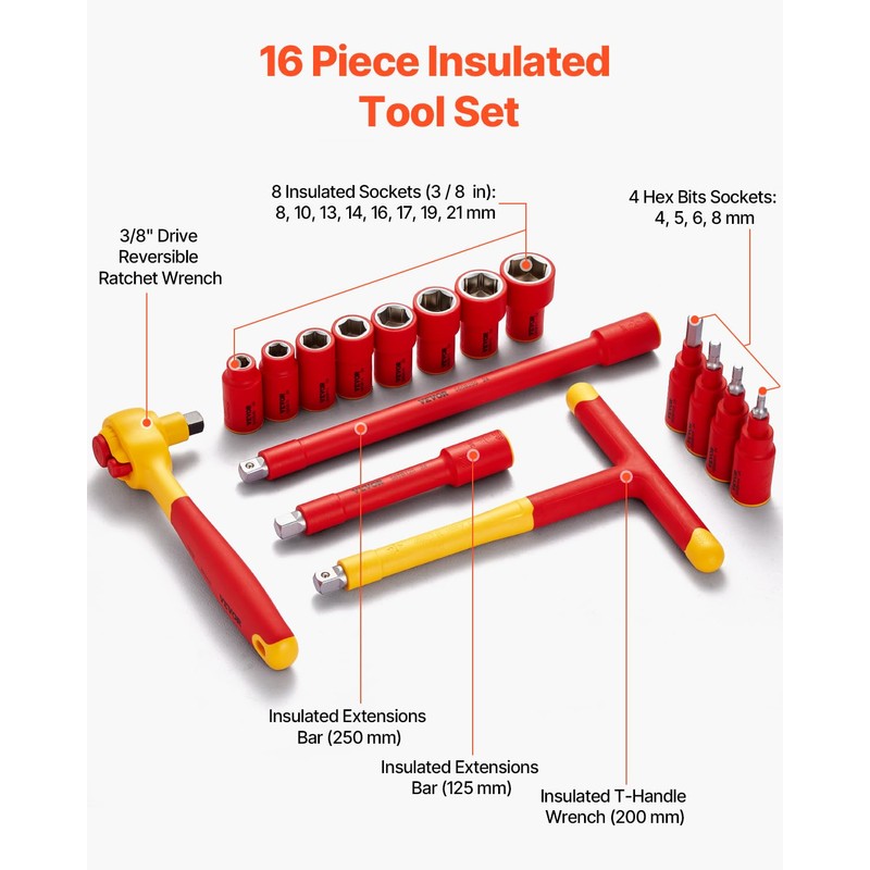 VEVOR Insulated Socket Set, 16-Piece Insulated Wrench Tool Set, 1000V