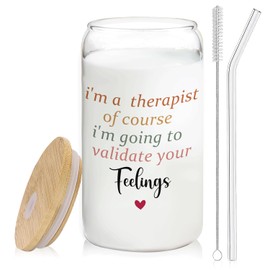 BEHIFL Therapist Gifts Glass Cup with Lids and Straws 14oz, Mental Health Therapist Gifts for Women Female, Mental Health Glass Iced Coffee Tumbler Drinking Jars with Cleaning Brush