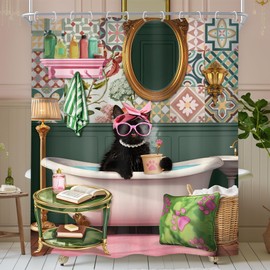 Riyidecor Funny Cat Shower Curtain 60Wx72H Inch Kids Pink Black Cat in Bathtub Kitten Cute Cartoon Animal Lovrely Vintage Fashion Pet Girl Bathroom Decor Fabric Polyester Waterproof 12 Pack Hooks