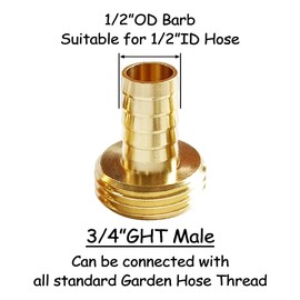 Uenede 2PCS Solid Brass 1/2" Barb x 3/4"GHT Male Garden Hose End Connector Splicer Mender Repair Fitting Include 2 Stainless Steel Clamps