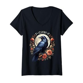 Womens F-Caw-F Crow Funny Raven Moon Adult Humor Nature Graphic V-Neck T-Shirt
