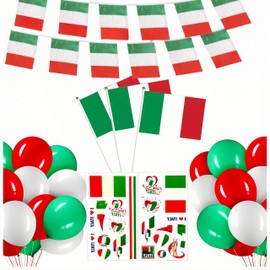 Italian Flag Set-10m Italian Rope Flag 30pcs 10 Italy Hand Flags 30 Balloons (10 Each of Red, White and Green) 2 Italian Stickers For Italian Celebration Theme Party Decorations