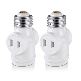 2 Outlet Light Socket Adapter, E26 Bulb Socket to Outlet Splitter,Converts Medium Screw Socket into a Socket with Two outlets,Polarized Outlet.UL Listed,White (2-Pack)