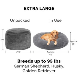 Furhaven Soft & Cozy Dog Bed for Large Dogs, Refillable w/ Removable Washable Cover & Liner, For Dogs Up to 95 lbs - Plush Faux Fur Bean Bag Style Ball Bed - Gray Mist, XL/Jumbo