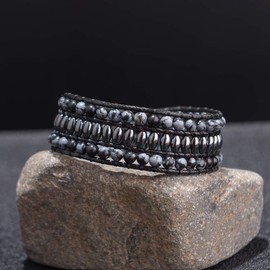 YGLINE Black Mix Stone wrap Bracelet, Boho Bracelet, Bohemian Bracelet, Beadwork Bracelet(Agate＆Hematite)