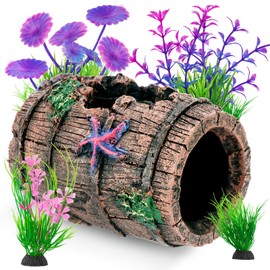 Binswloo Fish Tank Decorations, Betta Fish Tank Accessories Aquarium Ornaments, Broken Barrel Cave Decor, Starfish Barrel x 1, Fish Tank Plants x 4