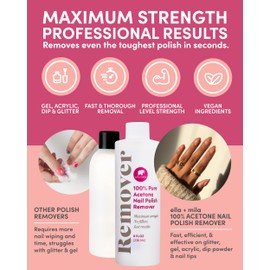 ella+mila 100% Pure Acetone Nail Polish Remover - Professional Strength Gel & Acrylic Nail Remover - Fingernail Polish Soak for Dip Powder, Glitter & Artificial Nails (8 fl oz)
