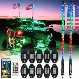 DREAMIZER Pair 4FT Spiral RGB LED Whip Lights Antenna + 10 Pods Rock Light For UTV ATV SxS