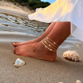 Blindery Gold Layered Anklet Chain Boho Beads Ankle Bracelets for Women Dainty Snake Chain Foot Jewelry (5 Layered)