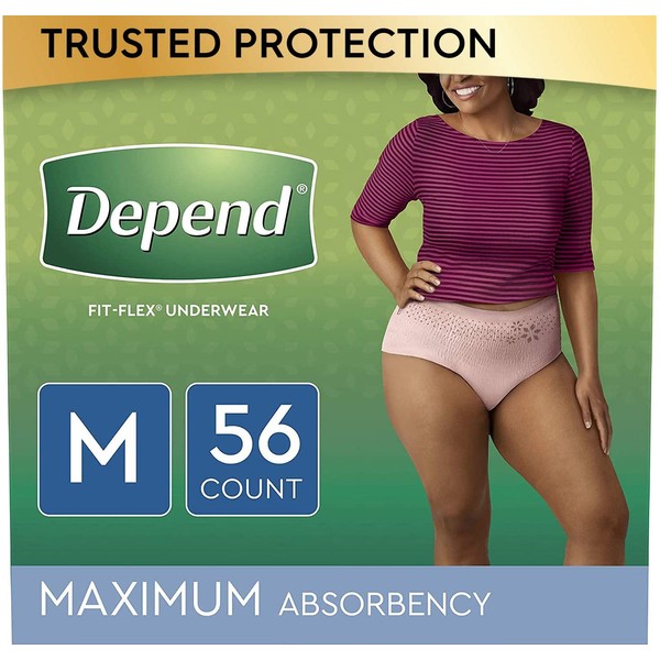 Depend FIT-FLEX Incontinence Underwear for Women, Disposable, Maximum Absorbency, Medium, Blush, 56 Count (2 Packs of 28) (Packaging May Vary)