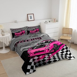 Pink Race Car Kids Comforter Set Twin Size,Racing Flag Black White Checkered Bedding Set,Boys Girls Adults Room Decor,Extreme Sports Games Down Comforter,Modern Fashion Duvet Insert,1 Pillowcase