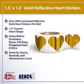 1.5" Heart Adhesive Label Stickers, Over 500 Stickers Per Roll, Choose from Silver, Gold, Holo, USA, Shiny Colors, and More - 1-1/2 Inch for Teachers Parents and Kids - Made in The USA (Gold FOIL)