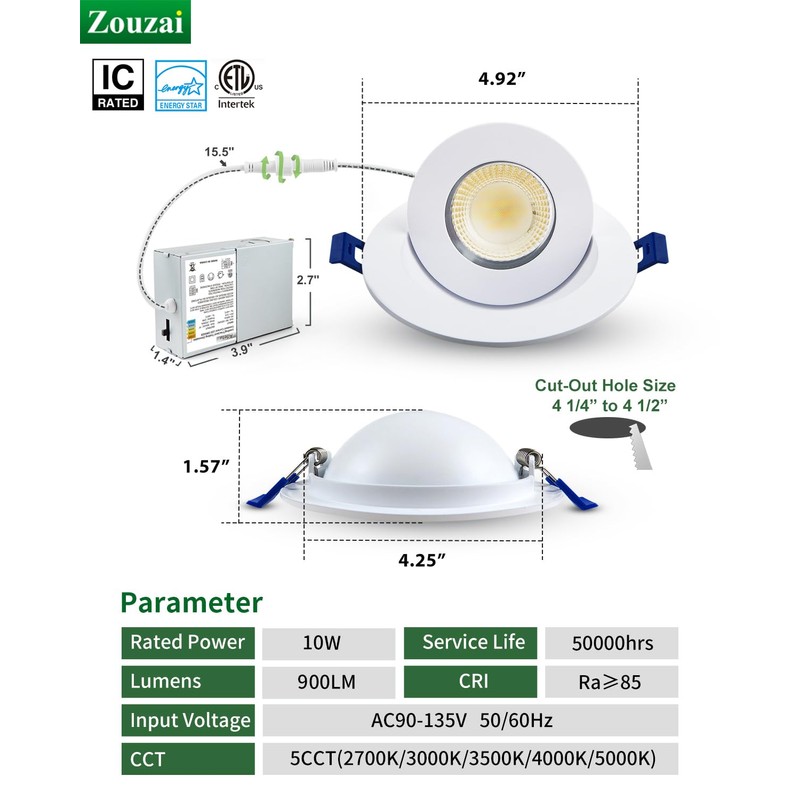 zouzai 6 Pack 4 inch 5CCT LED Gimbal Led Recessed