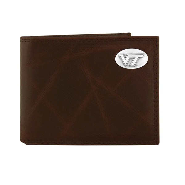 NCAA Virginia Tech Hokies Zep-Pro Wrinkle Leather Bifold Concho Wallet, Brown