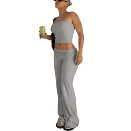 PXIAOLI Sexy Women's 2 Piece Lounge Sets Pajama Outfits Casual Workout Crop tube Top High Waist Wide Leg Foldover Flare Pants