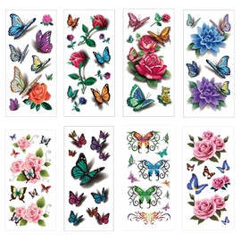 8 Pcs Butterfly Rose Temporary Tattoos Waterproof Fake Tattoos Butterfly Body Art Tattoos for Women and Girls
