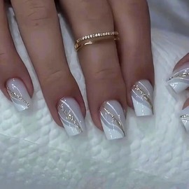 MERVF Square Press on Nails Medium Fake Nails Gray French Tip Glue on Nails Glitter Lines Design Press ons Acrylic White Squoval False Nails for Women Glossy 24pcs