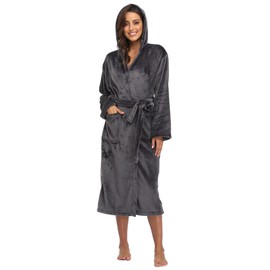 Women's Plush Hooded Bathrobe Winter Warm Robes Soft Fleece Long Robe Luxury Dressing Gown
