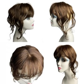 AYunhe Curly Wavy Human Hair Topper for Women Clip in Human Hairpieces with 3D Bangs Fringe Hair Extensions 35cm Mid Part Hair Toupee (Brown)