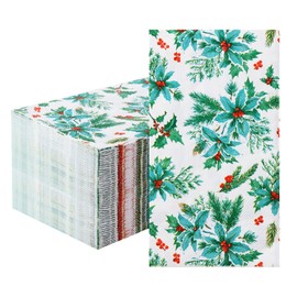 Tamone 100PCS 3-Ply Christmas Napkins - Holly and Berries Napkins - Green Napkins Disposable - Premium Quality Dinner Napkins Soft and Absorbent for Christmas